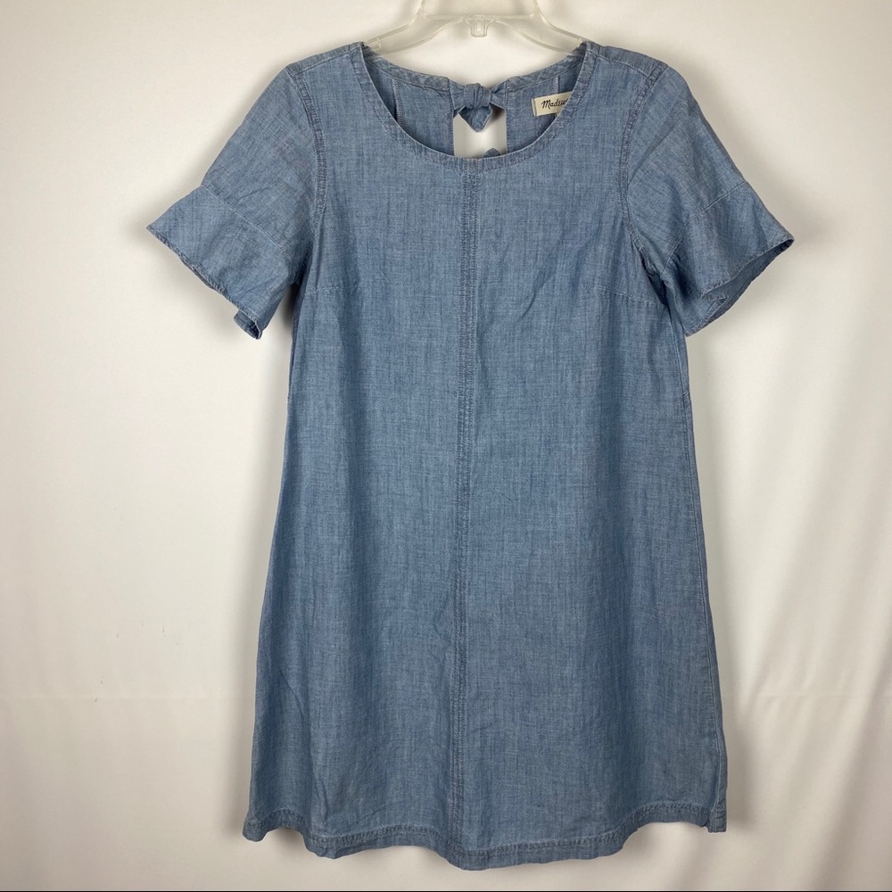 Madewell Chambray Dress Tie Back Blue Short Sleeve